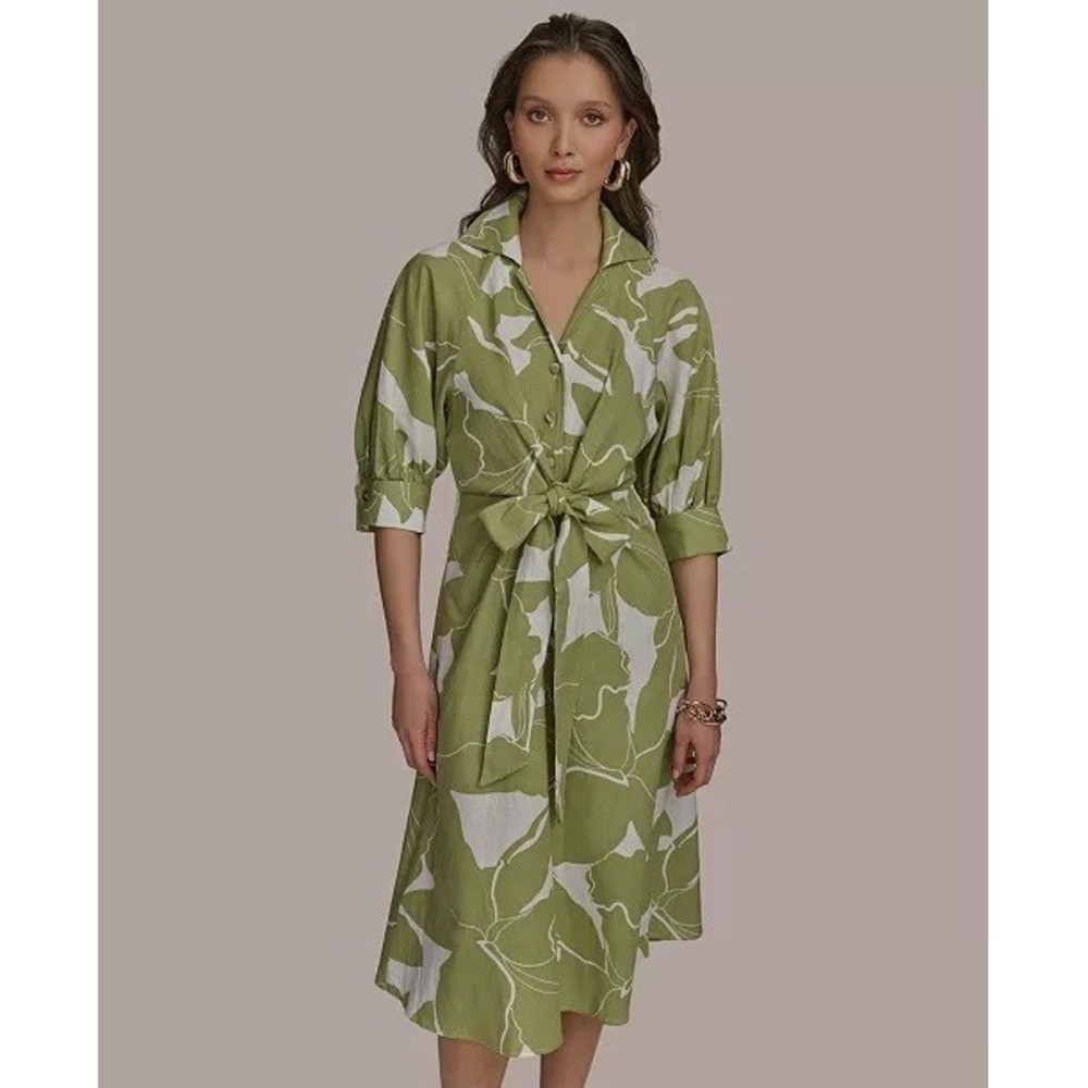 Donna Karan New York Womens Tie-Front Linen 3/4 Sleeve A-line Midi Dress SZ 6